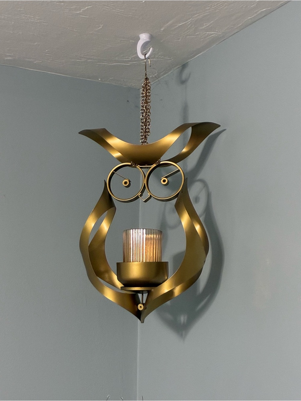 Rare vintage MCM gold Owl Hanging Lantern - Decorative Metal Accent